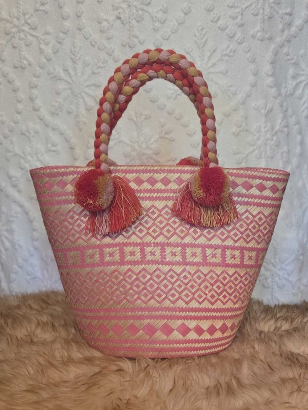 Pasayu Artesania Columbiania Pink Rafia Woven Tote Bag with Tassel Pom-Poms